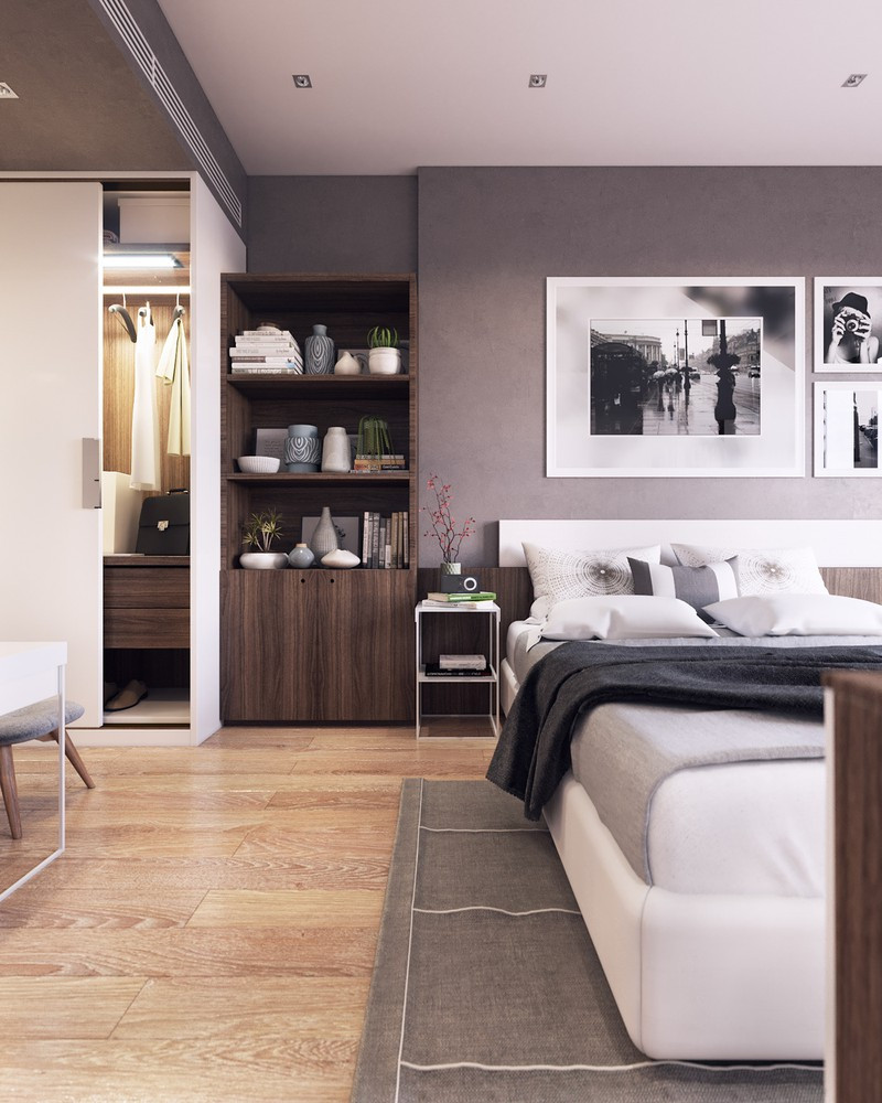 Chủ nhà cũng tận dụng “góc chết” đầu giường ngủ để đặt kệ lưu trữ.