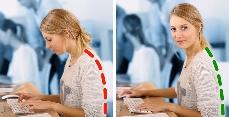 Ngồi thẳng lưng: Các nghiên cứu cho thấy ngồi thẳng lưng giúp bạn chống lại cơn mệt mỏi thông qua việc tăng lượng oxy trong máu. Các bài thử nghiệm khác cho thấy, những người ngồi thẳng lưng thường có tâm trạng tốt hơn và ít có những cảm xúc tiêu cực hơn những người ngồi gù lưng. Bạn cũng có thể giãn cơ nhẹ nhàng ở ngay bàn làm việc để cải thiện tuần hoàn máu và tăng năng lượng để làm việc.