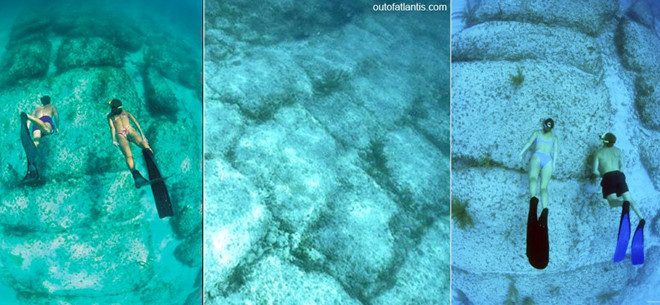 Đường Bimini (Bahamas): Trong chuyến thám hiểm xuống vùng nước sâu phía tây Bimini năm 2006 và năm 2007, các nhà khoa học đã phát hiện nhiều khối chữ nhật nằm song song ở độ sâu 30 m, giống như các viên đá lát đường. Công trình được quan sát kỹ lưỡng hơn trong chuyến lặn thăm dò của kênh History. Theo báo cáo, con đường có khoảng 50 phiến đá, với kích cỡ chủ yếu là 3x14 m, hình thành vào 10.000 năm trước Công Nguyên, nhưng không ai hay biết vai trò hay mục đích của công trình này là gì. Ảnh: Beforeitsnews.