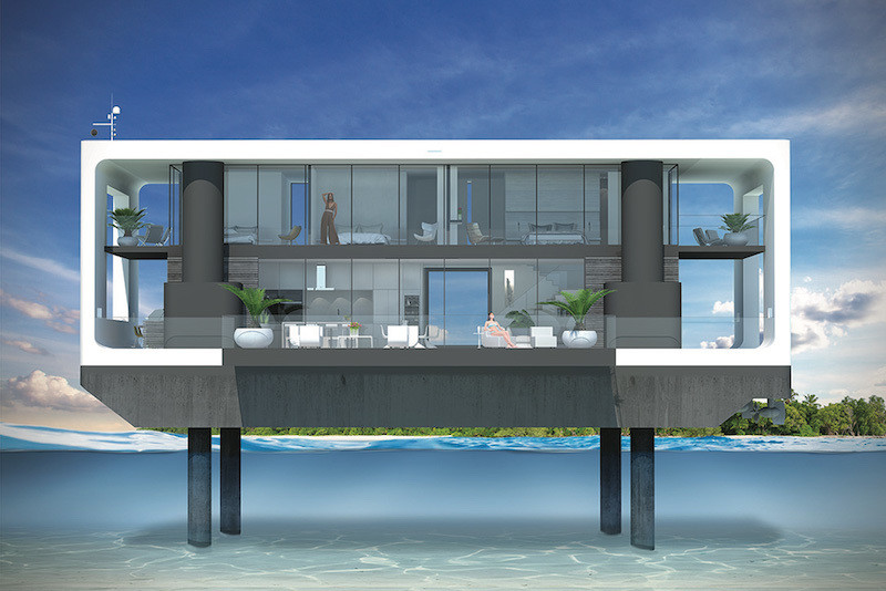 Biệt thự nổi có 4 phòng ngủ, mỗi phòng có phòng tắm riêng, phòng khách, nơi ăn uống, nhà bếp. Biệt thự nổi có thể nâng lên cao hơn mặt nước.