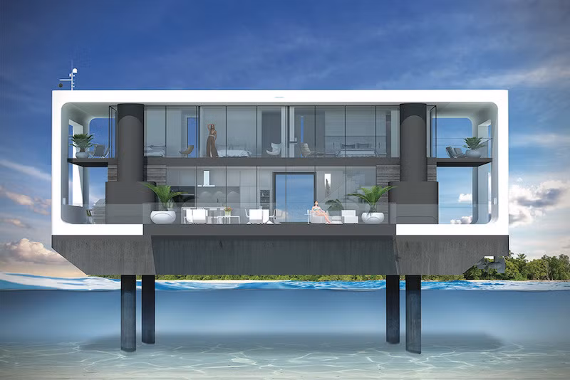 Biệt thự nổi có 4 phòng ngủ, mỗi phòng có phòng tắm riêng, phòng khách, nơi ăn uống, nhà bếp. Biệt thự nổi có thể nâng lên cao hơn mặt nước.