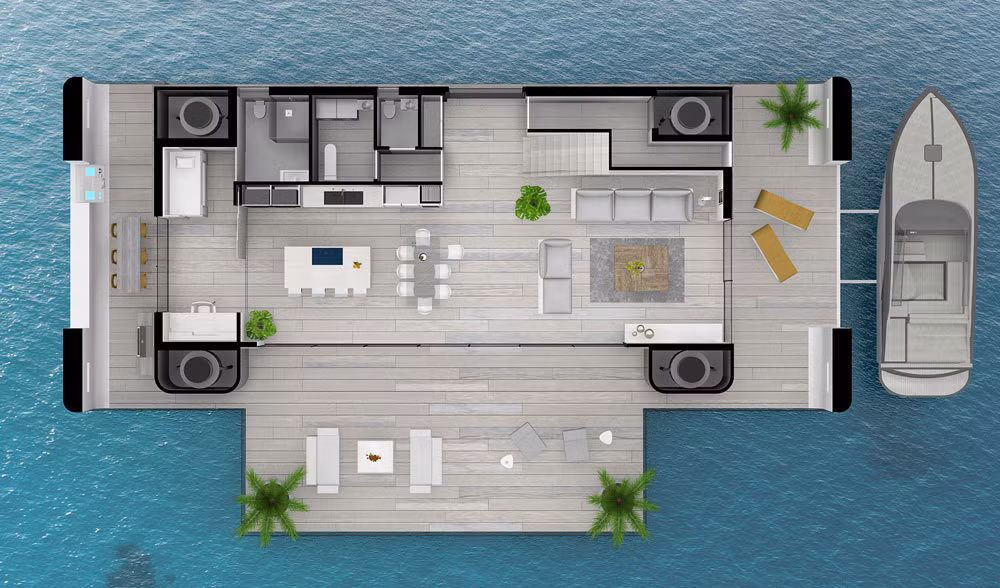 Xung quanh biệt thự nổi này là bức tường kính từ sàn đến trần có thể ngắm cảnh đại dương, vịnh, hồ hoặc sông. Trên biệt thự nổi còn có một phòng giặt với máy giặt và máy sấy cùng ban công để ngắm cảnh xung quanh. Biệt thự nổi do kiến trúc sư người Hà Lan Koen Olthuis thiết kế. Hai động cơ giúp biêt thự nổi di chuyển mà không phát ra tiếng ồn.