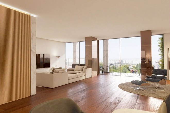 Phòng dành cho sinh hoạt gia đình mang những đường nét trang nhã, thanh thoát với sàn gỗ và tông màu be chủ đạo.