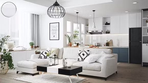 Không chỉ sở hữu penthouse, xế hộp Limousine cùng nhiều xe sang mà Hoa hậu Thu Hoài còn có căn hộ ở TP Hồ Chí Minh. Mới đây, người đẹp đã rao bán căn hộ rộng 69.4 m2 khi ở được 1 năm. Căn hộ gồm 1 phòng khách, 1 phòng ngủ, 1 toilet, bếp. Gam màu chủ đạo của căn hộ là màu trắng, nội thất hiệu đại. Hiện tại, Thu Hoài đang rao bán căn hộ với giá 3,2 tỉ đồng. Không gian phòng khách bên trong căn hộ Hoa hậu Thu Hoài đang rao bán.