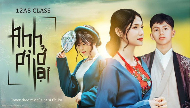 My My, cô gái vào vai Tấm, chia sẻ với Zing.vn: "Ý tưởng ban đầu của lớp là chụp ảnh cổ trang. Đúng thời điểm MV 'Anh ơi ở lại' rất hot trên mạng, chúng mình quyết định áp dụng luôn nhưng biến tấu một chút cho đặc sắc".