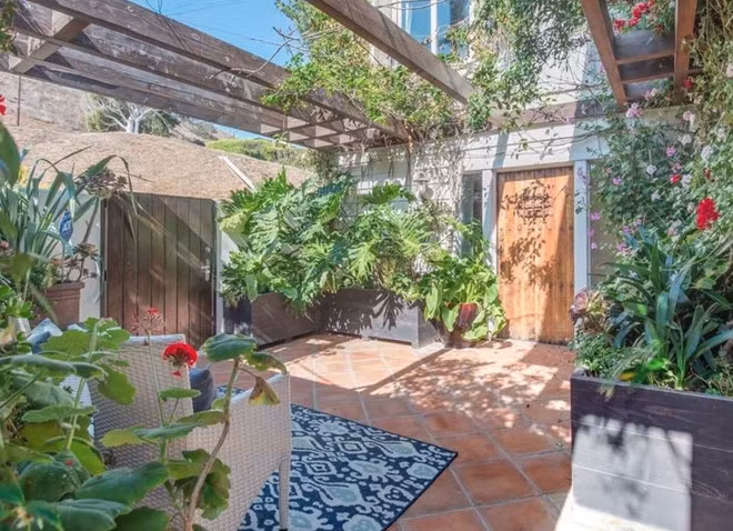 Sân vườn nhỏ xinh với giàn nho và đầy cây xanh, cung cấp một khoảng không gian yên bình cho căn biệt thự.