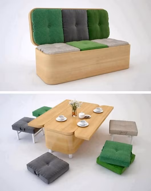 Từ một chiếc ghế sofa đẹp mắt, ai có thể ngờ chỉ trong giây lát nó đã “biến hình” thành một bộ bàn ăn nhỏ xinh, tiện lợi thế này.
