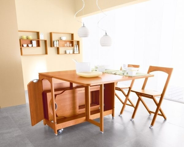 Mẫu bàn ăn này được thiết kế riêng một ngăn phía dưới mặt bàn để xếp ghế. Khi không sử dụng đến những chiếc ghế, bạn có thể cất gọn vào góc bên trong và đóng các cánh cửa lại.