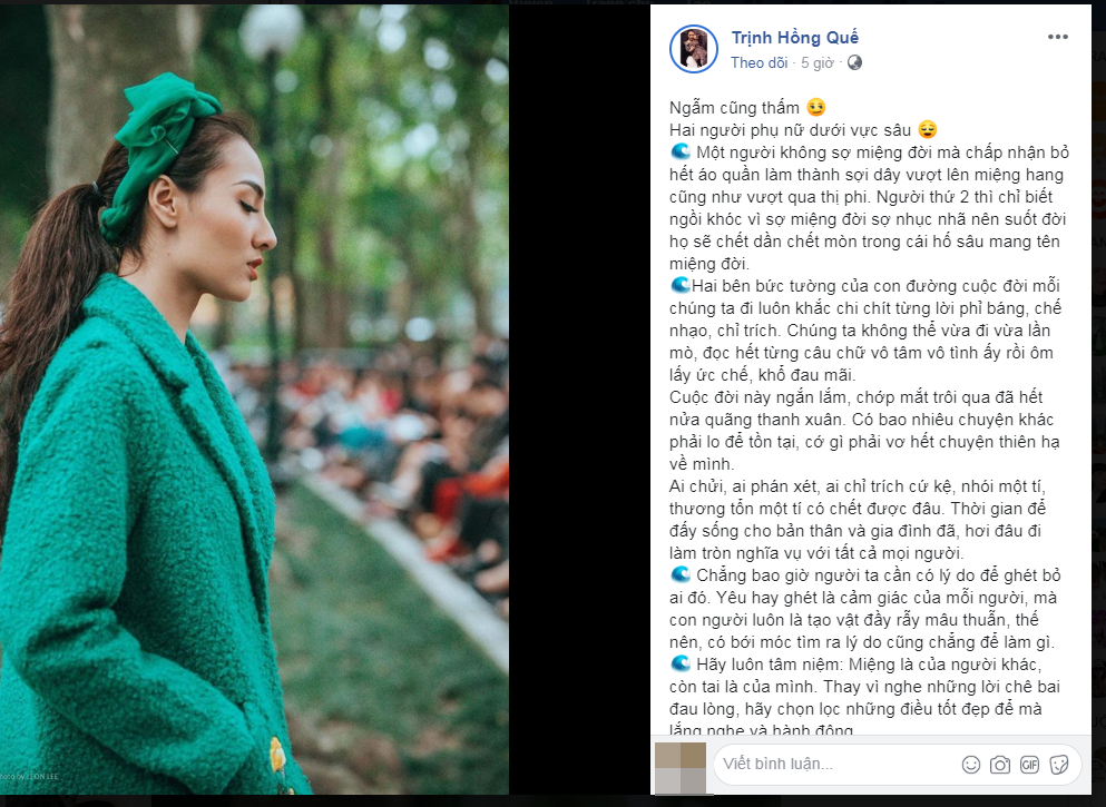 Hong Que dang status tam trang sau khi an y bi 