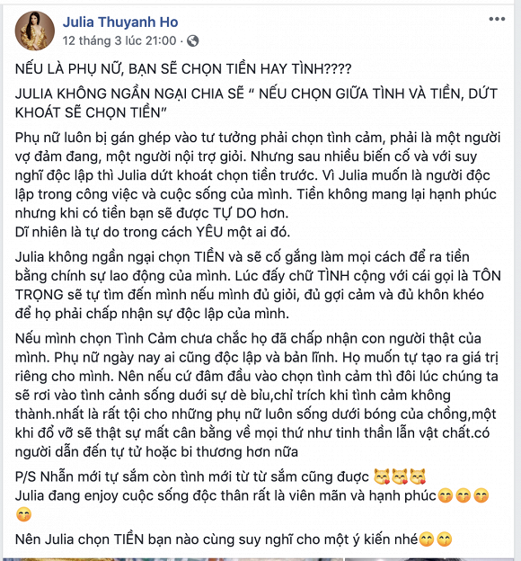 Hau ly hon, hoa hau Julia Ho dang status tranh cai ve tinh va tien