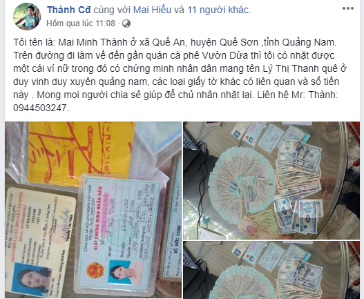 Nhat duoc gan 50 trieu dong, len Facebook tim chu nhan tra lai