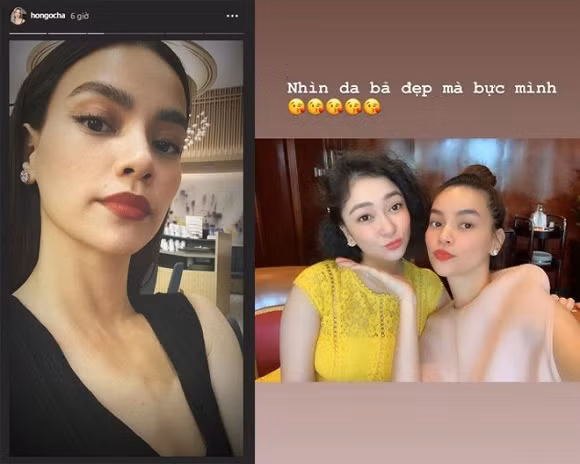 Mới đây, Hồ Ngọc Hà đã đăng tải bức ảnh chụp cùng Hoa hậu Nguyễn Thị Huyền và chia sẻ: "Nhìn da bà đẹp mà bực mình", cùng với đó là những icon hôn trái tim. Hồ Ngọc Hà là một người đẹp luôn chăm chút cho nhan sắc của mình đặc biệt là làn da. Tuy nhiên, khi ngắm nhìn da của Nguyễn Thị Huyền, "nữ hoàng giải trí" cũng phải hết lời khen ngợi. Hồ Ngọc Hà đăng ảnh chụp cùng Nguyễn Thị Huyền và chia sẻ: "Nhìn da bà đẹp mà bực mình".