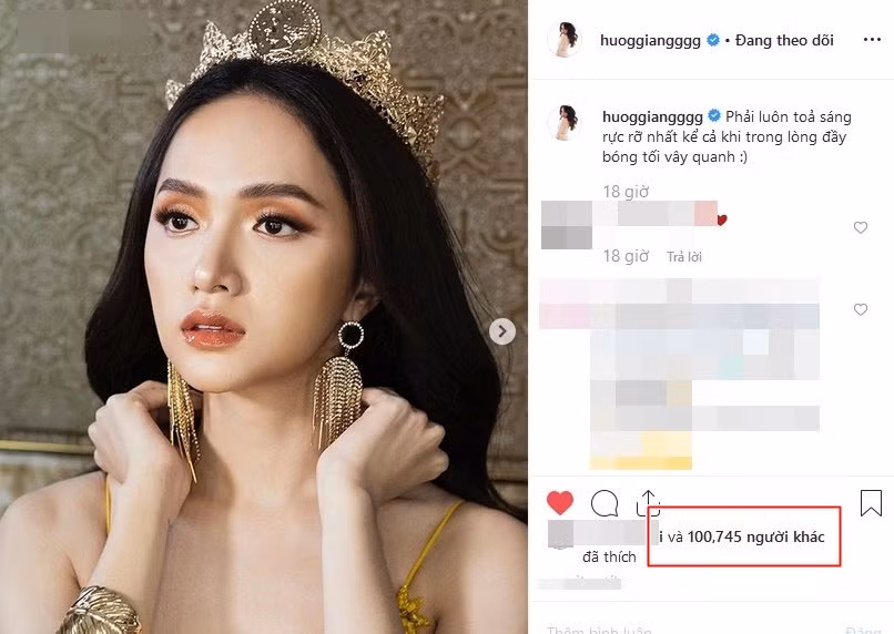 Bức hình Hương Giang mới đăng tải đã nhanh chóng thu hút hơn 100 nghìn lượt thích.