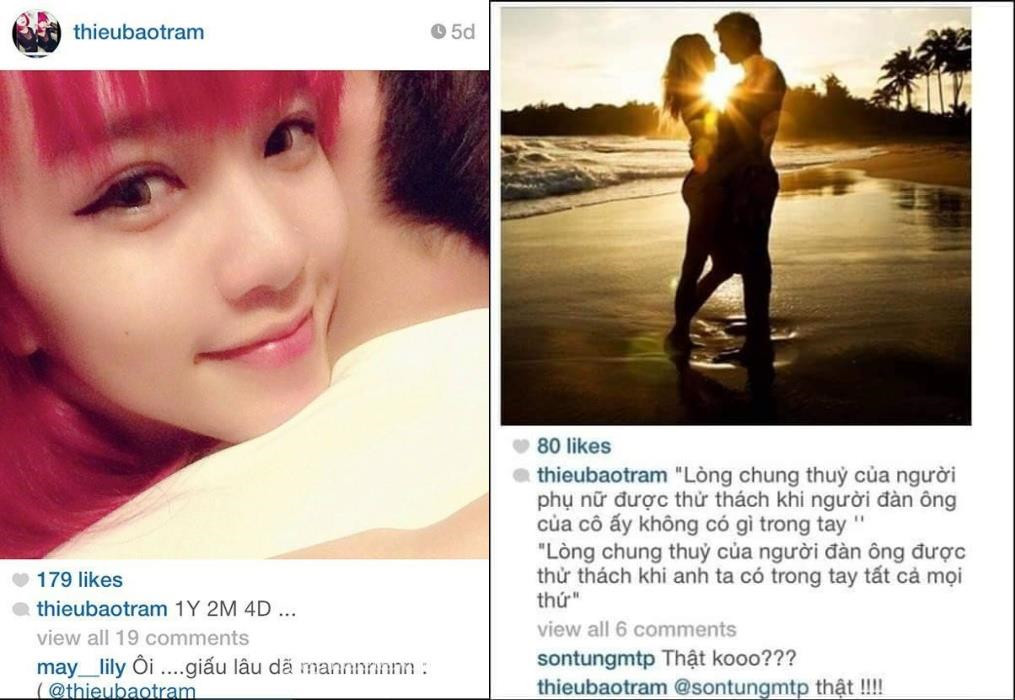 Thực tế, từ trước khi bị bắt gặp tại Thái Lan, Sơn Tùng và Thiều Bảo Trâm đã nhiều lần để lộ dấu hiệu hẹn hò. Khoảng đầu năm 2014, người hâm mộ tinh ý nhận ra cặp sao trẻ cùng đeo nhẫn đôi. Trong một bài đăng vào khoảng thời gian này, khi người đẹp họ Thiều chia sẻ quan điểm về sự chung thủy, Sơn Tùng đã bình luận "Thật không" và được bạn gái tin đồn phản hồi. Không khó để tìm lại các bình luận "thả thính", trêu chọc Thiều Bảo Trâm đến từ tài khoản của chủ nhân hit Cơn mưa ngang qua. Cũng trong năm 2014, Thiều Bảo Trâm đăng tải tấm ảnh ôm chàng trai giấu mặt với dòng chú thích: "Một năm, 2 tháng, 4 ngày". Dựa vào mốc thời gian người đẹp sinh năm 1994 tiết lộ, nhiều người đoán cặp sao bắt đầu hẹn hò từ khoảng tháng 2/2013 - khi cả hai mới 19 tuổi.