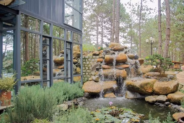 Bao quanh căn biệt thự là đồi thông lãng mạn. Phía trước có hồ nước nhỏ trồng những khóm cây nhỏ xanh mướt mắt. Căn biệt thự này được đại gia Đức An tự tay thiết kế, lên ý tưởng và bài trí nội thất.