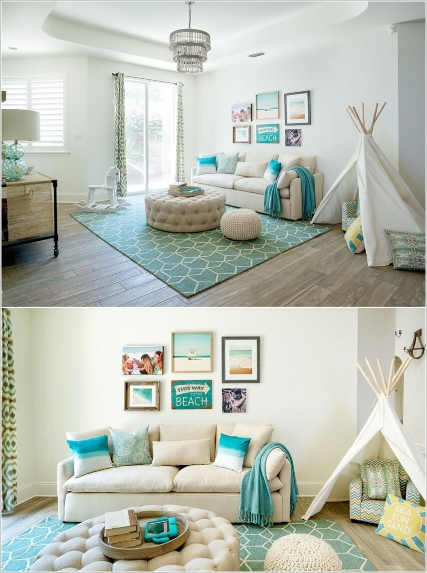 Sự mộc mạc của gỗ cùng màu xanh đặc trưng càng tạo nên phong vị của biển trong căn phòng này.