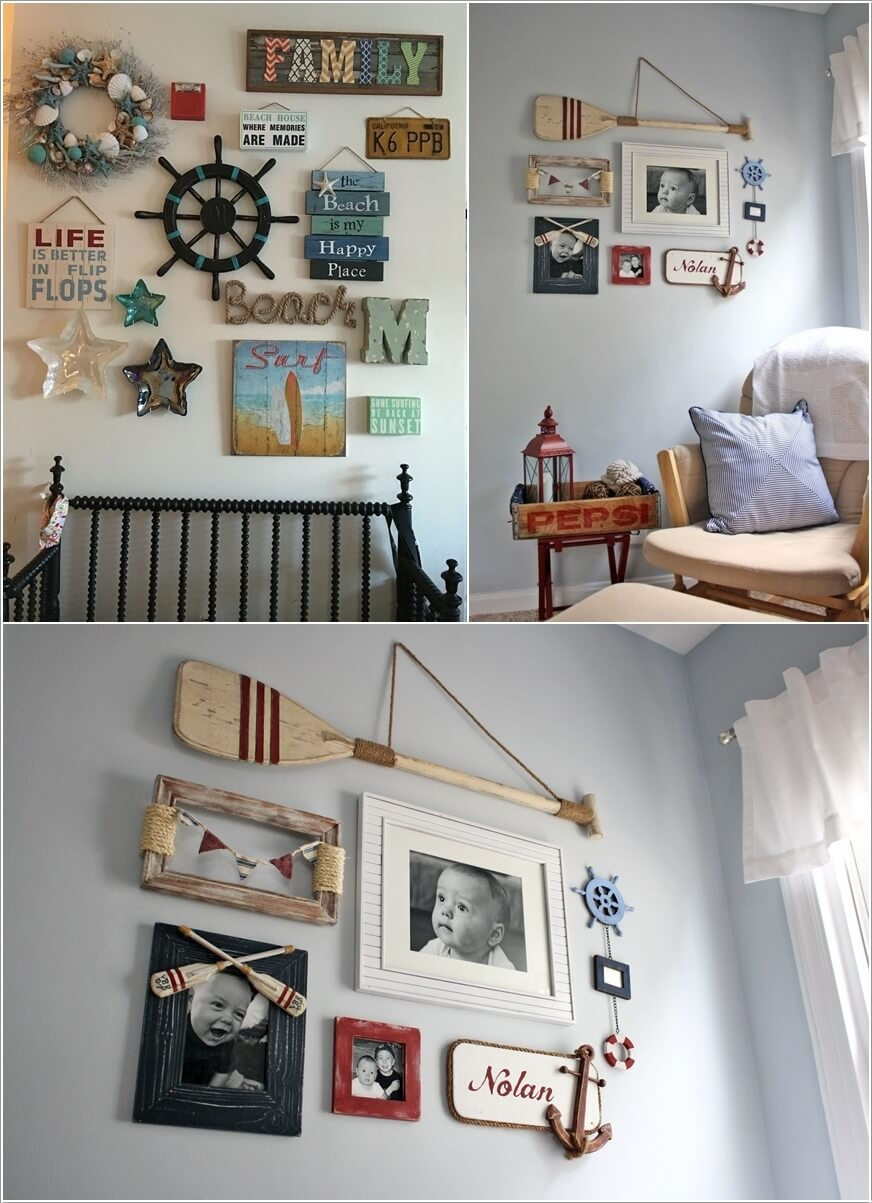 Bức tường được trang trí với những tấm hình đáng yêu của bé, bên cạnh đó là bánh lái, mái chèo, ngôi sao, vỏ sò được kết thành vòng nghệ thuật,...