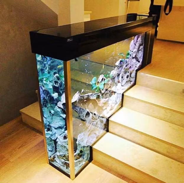 Một bể cá trang trí trên cầu thang sẽ biến căn hộ của bạn thành một tầm cao mới.