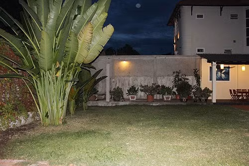 Khoảng sân vườn với nhiều loại cây cảnh. Thảm cỏ xanh non mát mắt bên hông nhà tạo cảm giác bình yên, trong lành, sảng khoái.