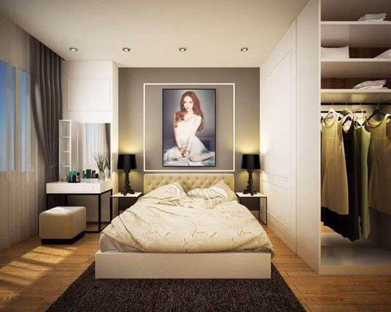  Phòng ngủ của hotgirl với tông màu be và hồng, xen kẽ thêm những đồ trang trí nho nhỏ, màu sắc khiến không gian thêm thu hút.