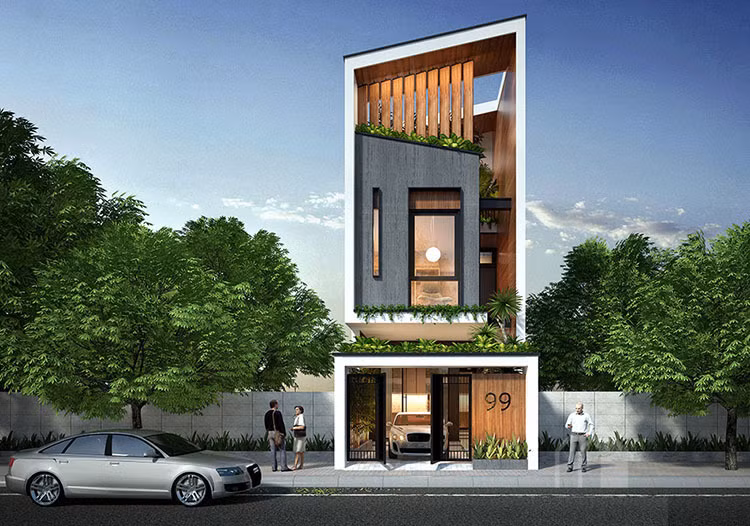 Mẫu nhà phố hiện đại với thiết kế hình khối độc đáo. Ngoài hệ thống đèn các thiết bị nội thất cũng như thiết bị sinh hoạt, gam màu đều được thiết kế để hài hòa với nhau. Sử dụng nội thất thông minh để phù hợp với phong cách hiện đại của ngôi nhà, tiết kiệm sức lao động và sử dụng chất xám một cách hợp lý.