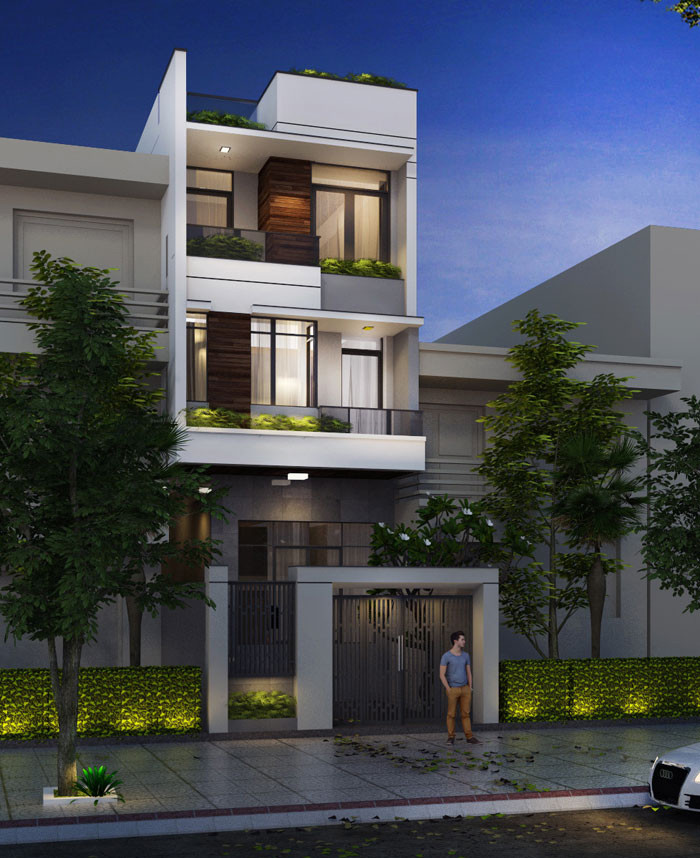 Một điểm nhấn với một thiết kế hiện đại là cách sử dụng hình khối và tạo không gian mở vào thiết kế của căn nhà. Đây là yếu tố quan trọng tạo nên sự khác biệt giữa nhà phố truyền thống và nhà phố hiện đại. Diện tích nhà phố thường nhỏ nên việc tạo không gian mở là vô cùng quan trọng, điều này giúp ngôi nhà trở nên cân bằng và hài hòa. Thiết kế này cũng tạo điểm nhấnkhi sử dụng ban công và sân thượng để trồng cây xanh.