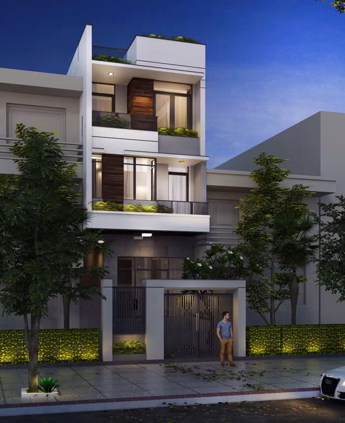 Một điểm nhấn với một thiết kế hiện đại là cách sử dụng hình khối và tạo không gian mở vào thiết kế của căn nhà. Đây là yếu tố quan trọng tạo nên sự khác biệt giữa nhà phố truyền thống và nhà phố hiện đại. Diện tích nhà phố thường nhỏ nên việc tạo không gian mở là vô cùng quan trọng, điều này giúp ngôi nhà trở nên cân bằng và hài hòa. Thiết kế này cũng tạo điểm nhấnkhi sử dụng ban công và sân thượng để trồng cây xanh.