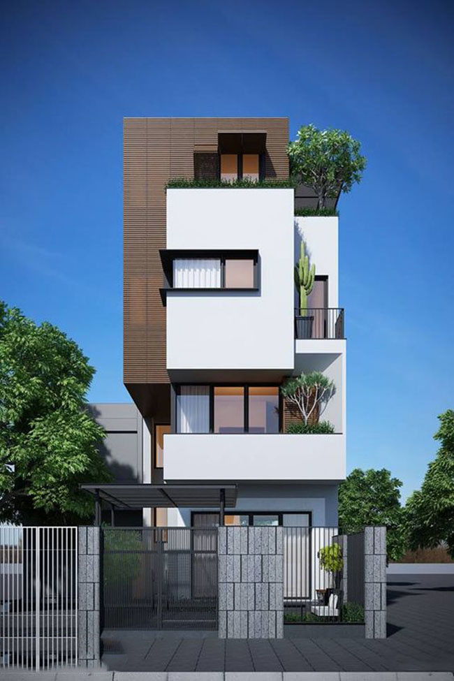 Nhà ống với thiết kế hiện đại - Sự góp phần của thiên nhiên làm thiết kế trở nên hiện đại hơn. Yếu tố cần và đủ cho một thiết kế đẹp và hiện đại, sử dụng sân thượng và khoảng trống để trồng cây, hướng yếu tố thiên nhiên đến căn nhà của bạn không chỉ ở nội thất mà còn ở ngoại thất. Hơn nữa, vật liệu từ tự nhiên cũng làm ngôi nhà trở nên gần gũi.