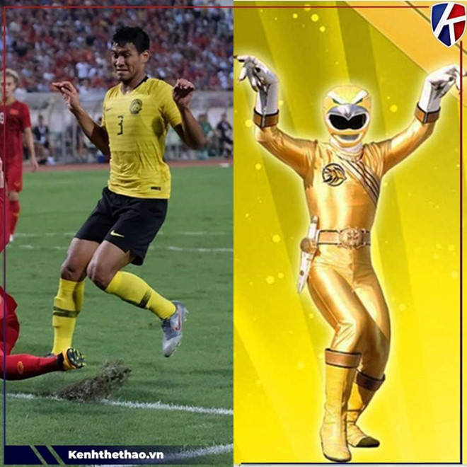 Hành động của hậu vệ Malaysia được dân mạng gọi vui là "điệu nhảy xòe cánh". Dáng điệu của anh chàng khiến nhiều người liên tưởng đến hàng loạt nhân vật trong các bộ phim như siêu nhân vàng hay Bon Kurei (One Piece). Ảnh: Kênh thể thao, FB.