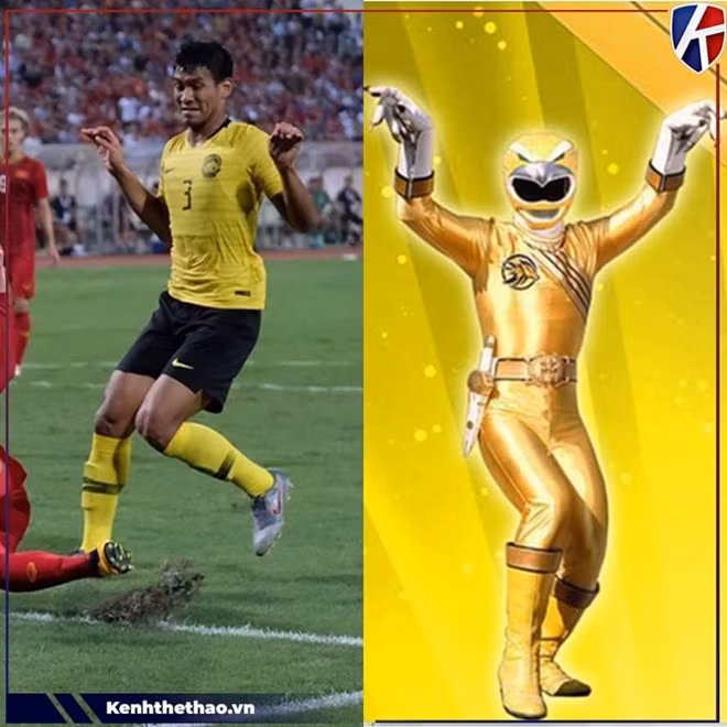 Hành động của hậu vệ Malaysia được dân mạng gọi vui là "điệu nhảy xòe cánh". Dáng điệu của anh chàng khiến nhiều người liên tưởng đến hàng loạt nhân vật trong các bộ phim như siêu nhân vàng hay Bon Kurei (One Piece). Ảnh: Kênh thể thao, FB.