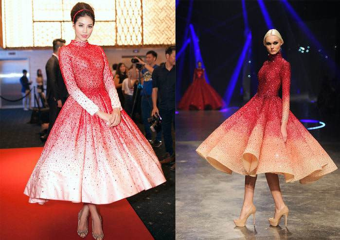 Khoác lên mình thiết kế đầm công chúa dáng midi của NTK trong nước vô cùng yêu kiều và lộng lẫy, Phạm Hương tự tin khoe sắc vóc rực rỡ tại thảm đỏ. Tuy nhiên, cư dân mạng đã phát hiện ra bộ cánh cầu kì của cô lại khá giống với một bộ Haute Couture của NTK Michael Cinco, nằm trong BST Haute Couture Xuân-Hè 2016. Dù cả 2 bộ cánh đều giống nhau 90% nhưng nếu quan sát kỹ, thiết kế của Michael Cinco sẽ tinh xảo và có độ bồng bềnh đẹp mắt hơn cả.