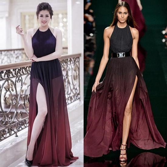 Khoe làn da trắng sứ cùng đôi chân dài ngất ngây trong kiểu váy xẻ tà gợi cảm, Á hậu Tú Anh cũng nhận ngay về cho mình những lời nhận xét bộ cánh mà cô mặc là hàng "nhái" 95% từ thương hiệu thời trang Elie Saab.