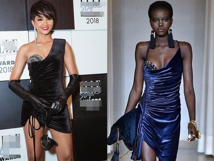 Một H'Hen Niê cá tính và sắc sảo bậc nhất đã từng "đốn tim" biết bao người khi diện mẫu váy nhung ngắn rút dây được thiết kế đầy tinh xảo, giúp khoe được những điểm "vàng" của hình thể. Tuy nhiên, hội những "thánh soi" cũng đã truy lùng được mẫu thiết kế đột phá của NTK trong nước mà nàng Hậu diện lại giống khá nhiều với thiết kế của nhà mốt Versace.