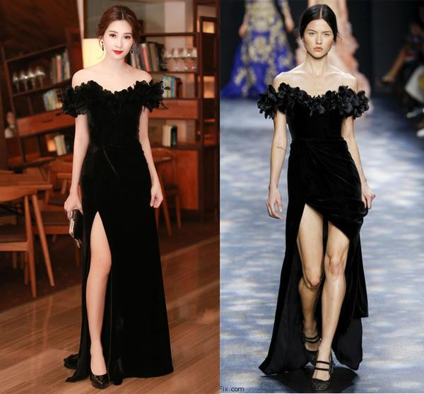 Không ai xa lạ, ngay cả "Thần tiên tỉ tỉ" cũng không thoát khỏi nghi vấn mặc váy nhái. Xuất hiện tại một sự kiện,nàng Hậu khoe vẻ đẹp cuốn hút, gợi cảm trong mẫu váy nhung đen đẳng cấp trễ vai, đính lông vũ tinh xảo. Sẽ không có gì đáng nói nếu thiết kế này không bị cư dân mạng "khai quật" có nhiều điểm giống nhau với thiết kế nằm trong BST Thu Đông 2016 của Marchesa.