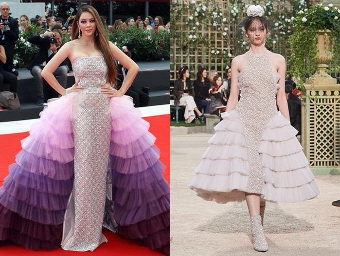 Tại thảm đỏ LHP Venice lần thứ 75, Lý Nhã Kỳ cũng từng bị cư dân mạng "soi" vì chiếc váy rườm rà mà người đẹp diện nhiều điểm na ná thiết kế nằm trong BST Xuân Hè 2018 của nhà mốt Chanel. Điểm khác biệt giữa 2 bộ cánh chính là phần tùng xòe và chiều dài. Dù đã chinh chiến qua nhiều thảm đỏ danh giá nhưng Lý Nhã Kỳ cũng không khỏi gây thất vọng cho người hâm mộ vì sự cố đáng tiếc này.