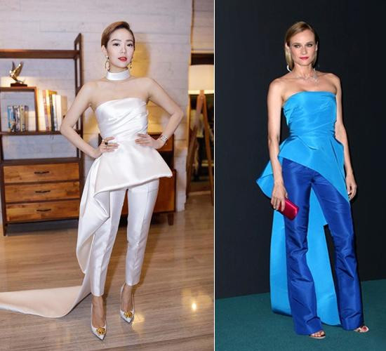 Sở hữu khối tài sản kếch xù nhưng Minh Hằng cũng từng diện đồ nhái mà không hề hay biết. Không thể phủ nhận, set đồ phá cách gồm áo quây vạt dài và quần ống lỡ ton-sur-ton trắng tinh khôi đã giúp nữ diễn viên gây ấn tượng trước công chúng với phong cách hiện đại, độc đáo. Tuy nhiên, cũng chính bộ cánh này đã khiến cho Minh Hằng được nhận xét là "mặc nhái" mẫu thiết kế của Diane Kruger.