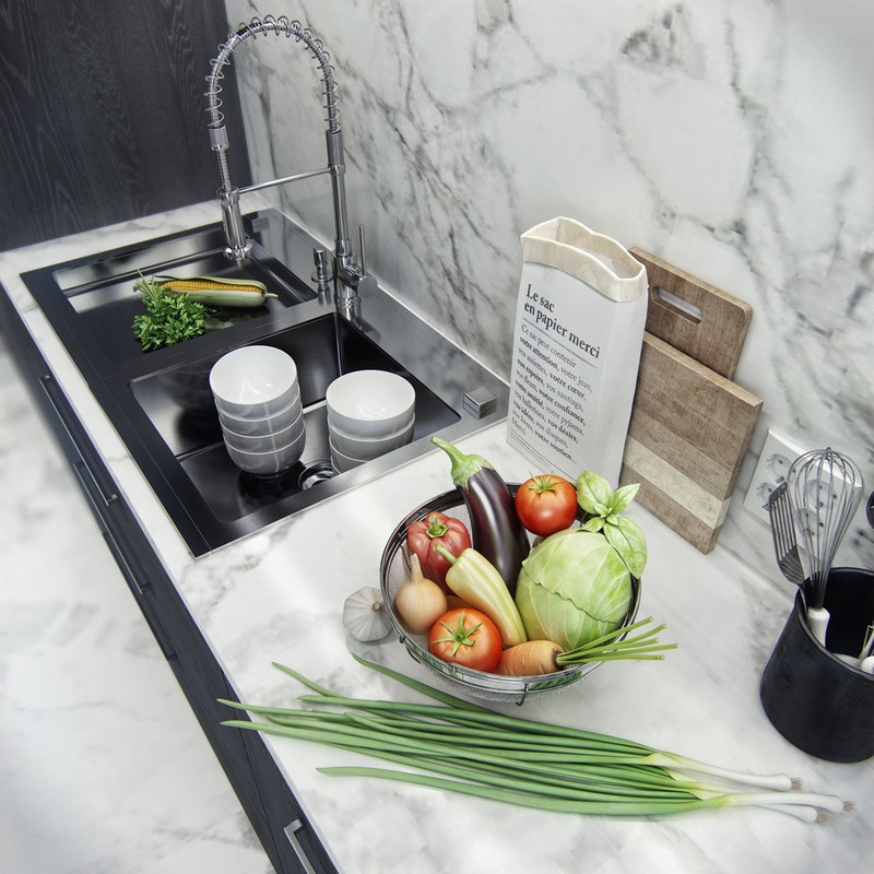 Mặt tủ bếp lát đá dễ dàng làm sạch hàng ngày.