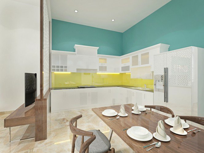 Bếp ăn thiết kế đơn giản nhưng hiện đại.