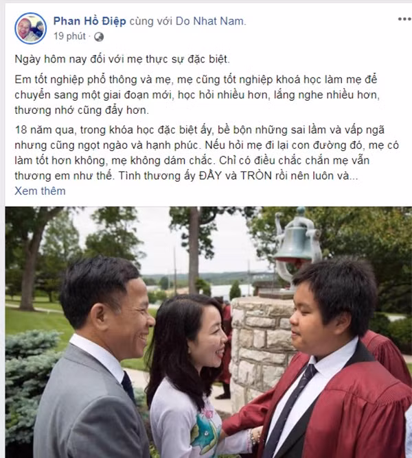 Chị Hồ Điệp hạnh phúc chia sẻ về lễ tốt nghiệp của Nhật Nam trên trang cá nhân.