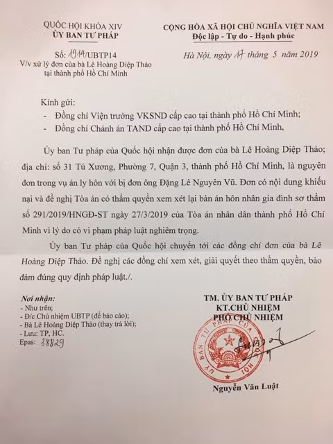 Ly do ba Le Hoang Diep Thao de nghi xem lai ban an ly hon