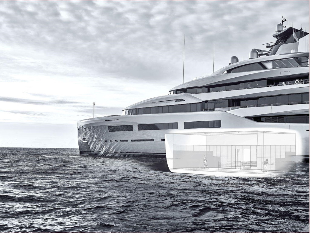 Ban đầu, việc xây dựng sân chơi tennis là vấn đề nan giải nhất đối với người thiết kế và thi công. Cuối cùng, Langton quyết định đặt công trình lớn này vào giữa thân và kéo dài xuống tận đáy du thuyền. Ảnh: Yachtharbour.