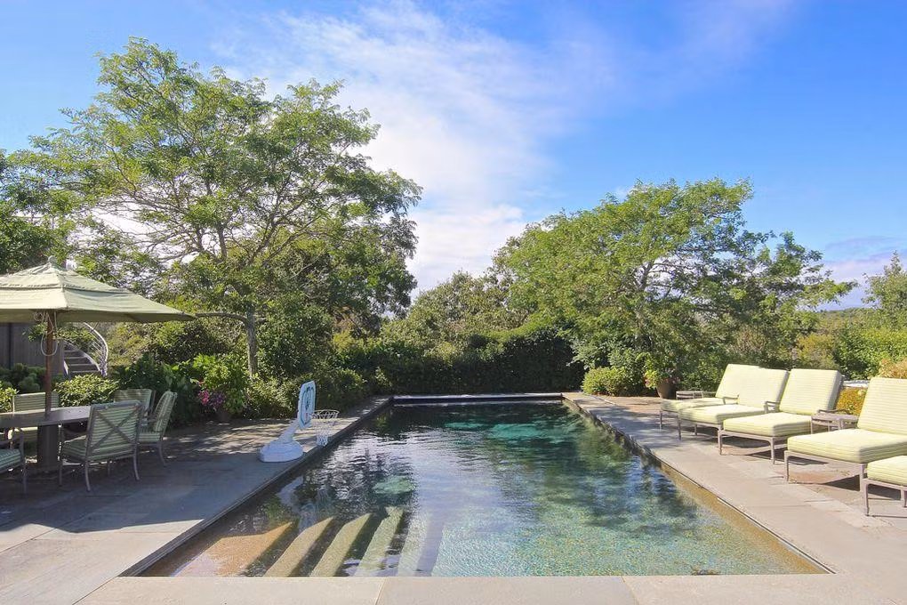 Bể bơi ngoài trời cũng có những chiếc ghế dài để tắm nắng và một khu vực cho việc ăn uống, chuyện trò.