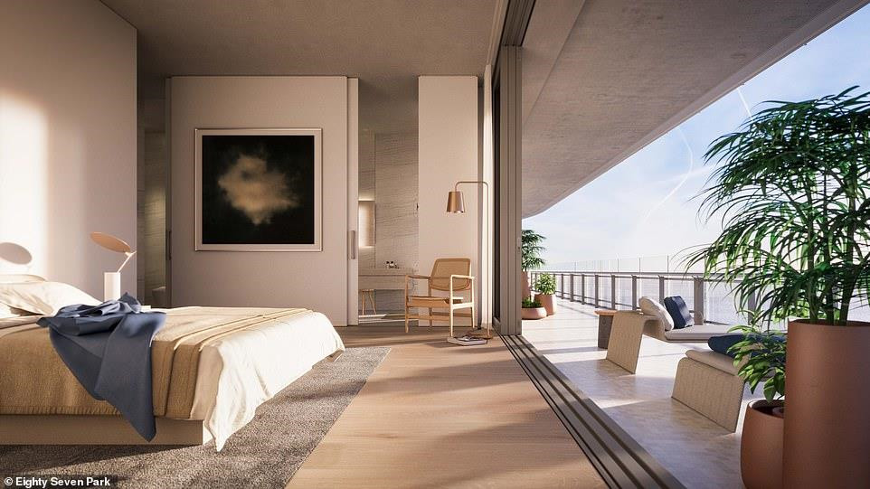 Phòng ngủ có ban công riêng để chủ nhà thưởng ngoạn quan cảnh Miami. Đây là điểm nhấn độc đáo, hấp dẫn tại các căn hộ nơi đây.