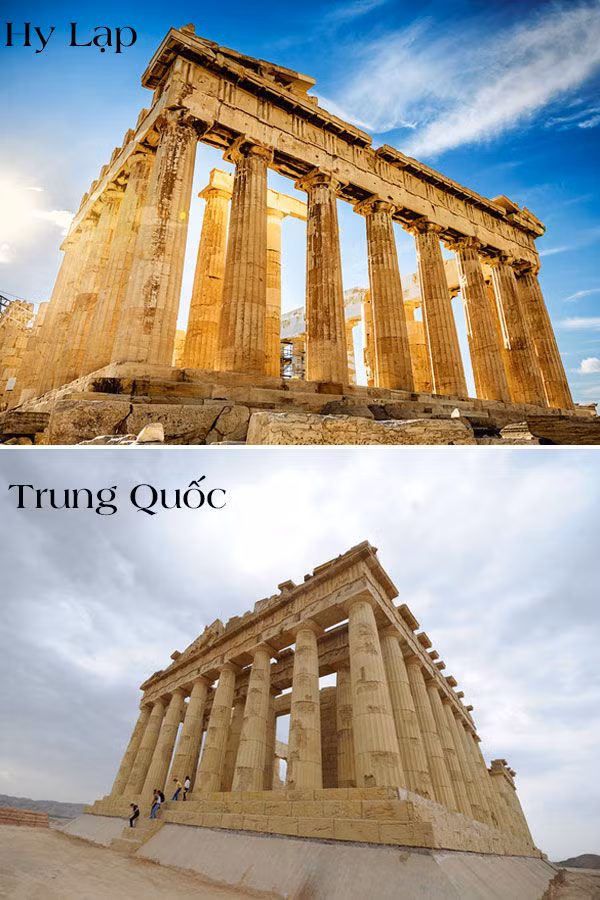 Đền Parthenon thờ thần Athena, được xây dựng vào thế kỷ 5 trước Công nguyên ở Acropolis là công trình xây dựng nổi tiếng nhất còn lại của Hy Lạp cổ đại và được ca ngợi là thành tựu của kiến trúc Hy Lạp nhưng nay cũng có mặt ở thành phố Lan Châu, tỉnh Cam Túc với kích thước như thật.