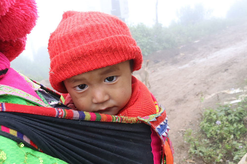 Trẻ nhỏ được người lớn địu trên lưng ấm.