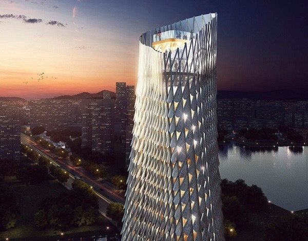 Tháp quan sát RMJM Chu Hải Ở trung tâm một khu đô thị mới quanh khu vực sông Doumen, RMJM đã thiết kế một tòa tháp cao 100m với hình ảnh một con cá khổng lồ vươn lên từ mặt nước. Các tấm nhôm đục lỗ bao bọc tòa nhà giống như một lớp da cá, che chắn ánh nắng mặt trời. Hình ảnh con cá nhảy lên tượng trưng cho sự phát triển nhanh chóng và thịnh vượng của Chu Hải. Du khách có thể chiêm ngưỡng toàn cảnh thành phố Chu Hải ngoạn mục và con sông lịch sử Doumen từ tầng cao nhất của tòa tháp.