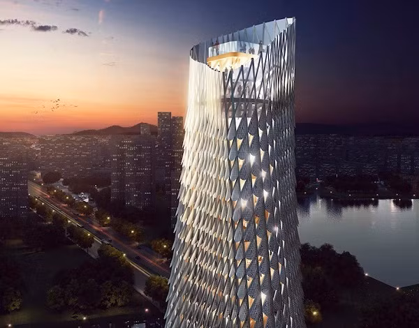 Tháp quan sát RMJM Chu Hải Ở trung tâm một khu đô thị mới quanh khu vực sông Doumen, RMJM đã thiết kế một tòa tháp cao 100m với hình ảnh một con cá khổng lồ vươn lên từ mặt nước. Các tấm nhôm đục lỗ bao bọc tòa nhà giống như một lớp da cá, che chắn ánh nắng mặt trời. Hình ảnh con cá nhảy lên tượng trưng cho sự phát triển nhanh chóng và thịnh vượng của Chu Hải. Du khách có thể chiêm ngưỡng toàn cảnh thành phố Chu Hải ngoạn mục và con sông lịch sử Doumen từ tầng cao nhất của tòa tháp.