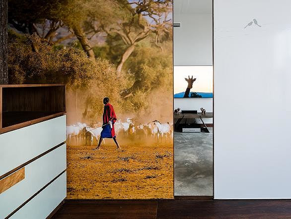 Tranh phong cảnh hoang dã và gương soi giúp lấy sáng cho khu vực phòng đọc.