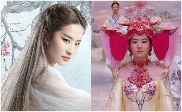 "Thần tiên tỷ tỷ" Lưu Diệc Phi từng có những tạo hình cổ trang xấu thuộc hàng thảm họa. Nổi tiếng nhất phải kể tới vai Bạch Thiển trong phim điện ảnh Tam sinh tam thế: Thập lý đào hoa. Trong phim, người đẹp có nhiều tạo hình khá rườm rà, thừa thãi. Đỉnh điểm là bộ trang phục trong hôn lễ với Thái tử Dạ Hoa (Dương Dương). Chiếc mũ đội đầu của Bạch Thiển bị cư dân mạng mỉa mai rằng trông không khác gì "mâm ngũ quả". Chiếc váy khoét ngực sâu cũng để lộ nhược điểm vai xuôi của Lưu Diệc Phi.