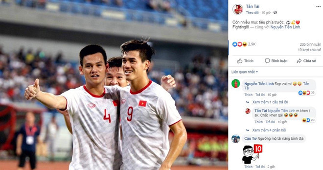 Sau trận đấu, cầu thủ Hồ Tấn Tài - người góp công lớn trong 2 bàn thắng của U22 Việt Nam - chia sẻ bức ảnh chụp cùng tiền đạo Nguyễn Tiến Linh - người lập cú đúp trong trận đấu - lên trang cá nhân. "Còn nhiều mục tiêu phía trước. Fighting!", chàng hậu vệ viết.